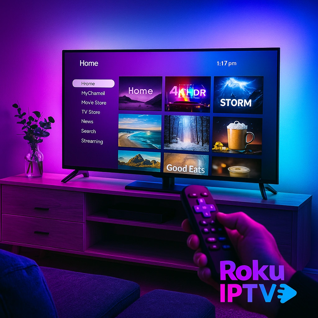 Roku IPTV 4K streaming hero image with American football, movies, and New York skyline.