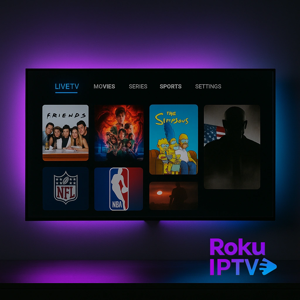 Roku IPTV features with NFL football, Hollywood movies, and U.S. TV shows.