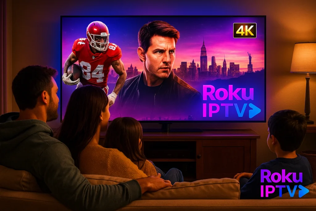 Family watching Roku IPTV 4K content with American sports, Hollywood movies, and U.S. city skyline.